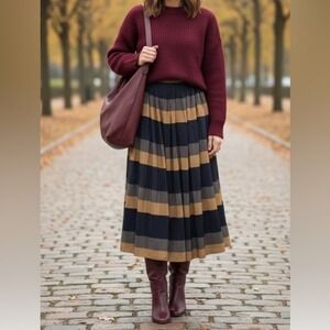 Broadway & Bloom Silk Striped Maxi Skirt Tan Black Grey Elastic Waist Size S‎